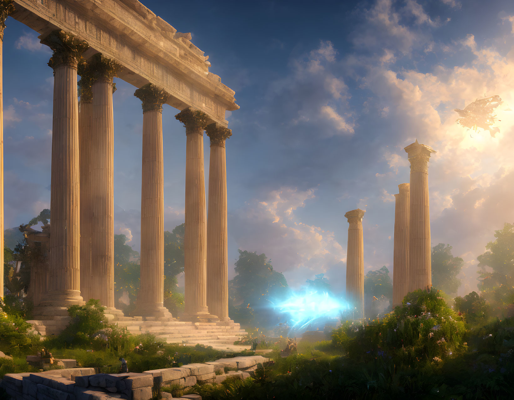 Ancient Greek-style columns in serene nature with mystical blue energy source.