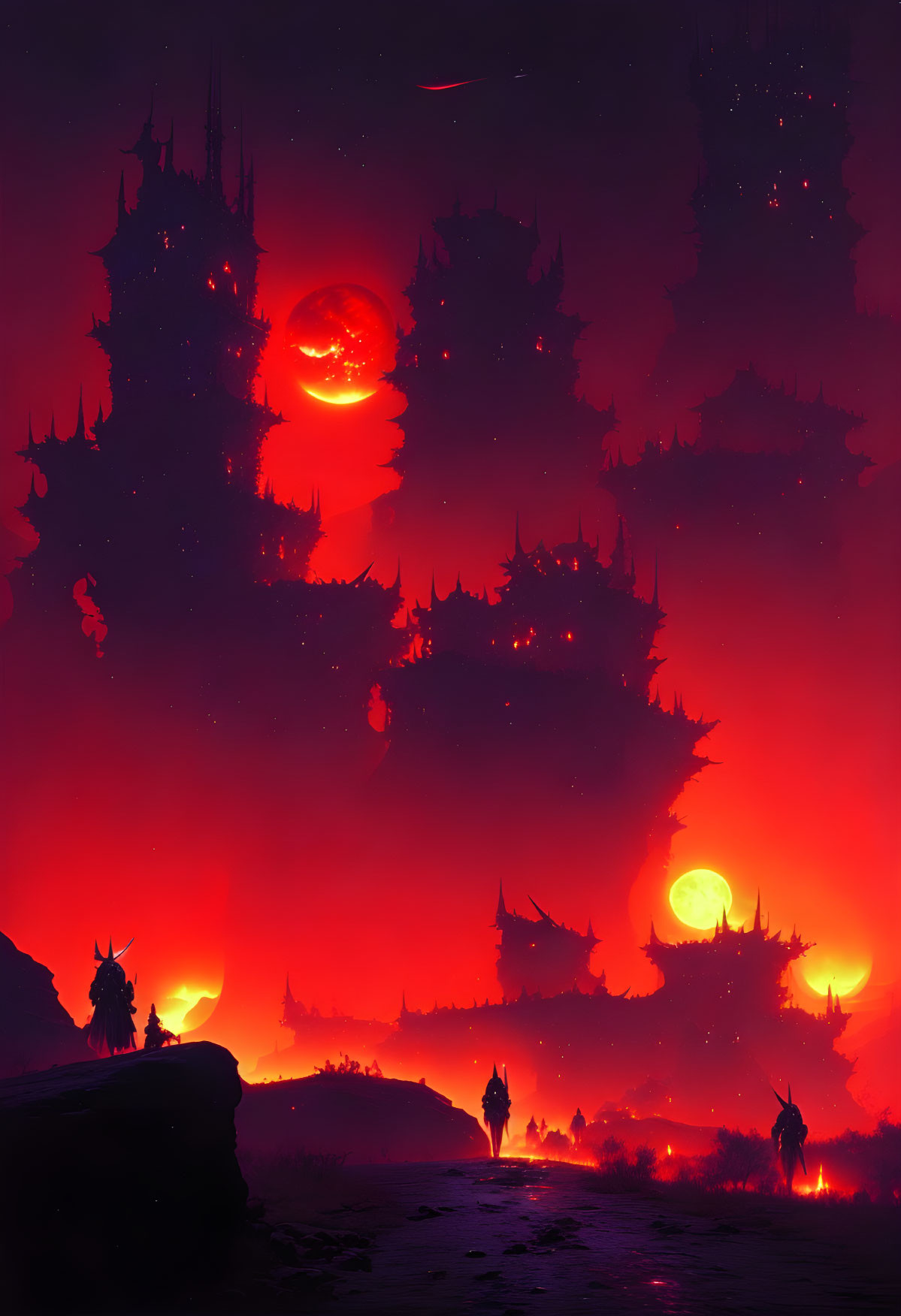 Crimson landscape with towering spires under a red moon and mysterious silhouettes