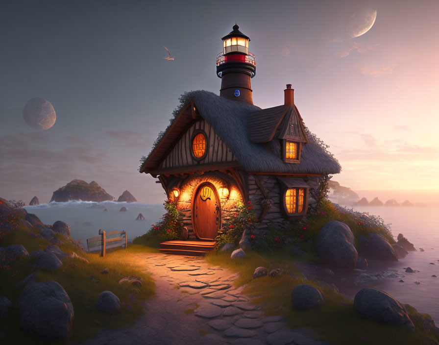 Seaside lighthouse cottage at dusk with glowing windows, moonlit sky, and flying birds