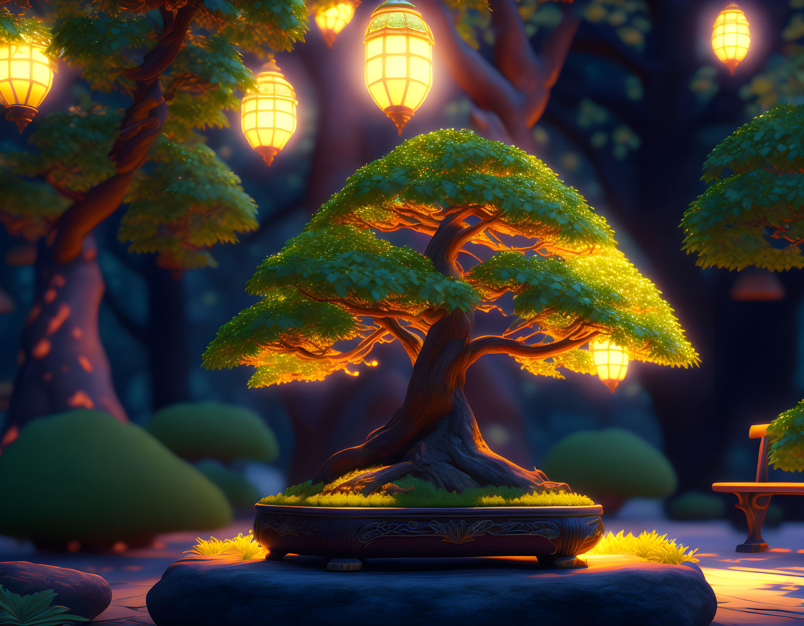 Glowing bonsai tree in decorative pot at night garden with lanterns.