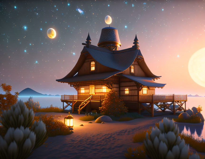 Traditional-style house in serene night landscape with starlit sky