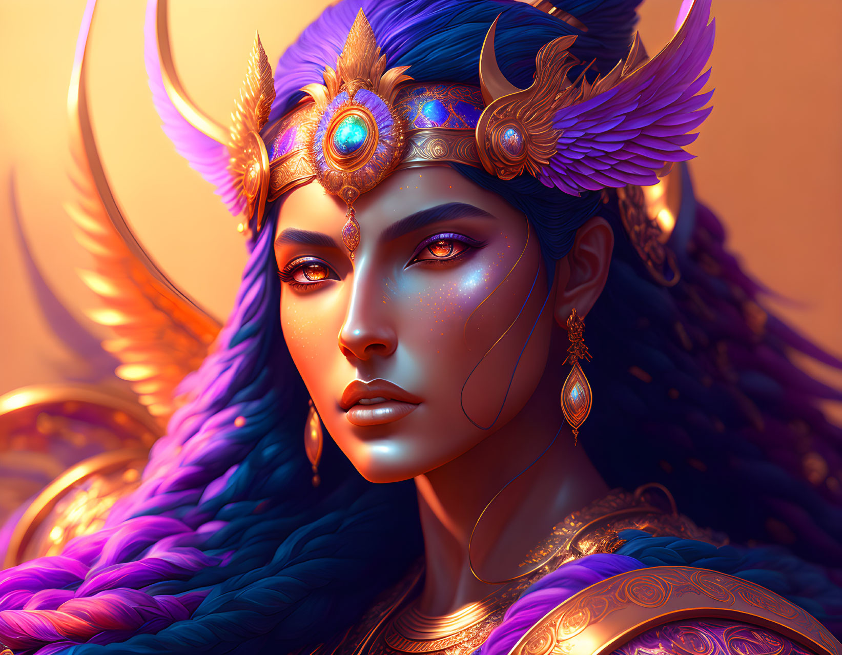 Female warrior digital artwork with golden and blue headdress and ornate armor