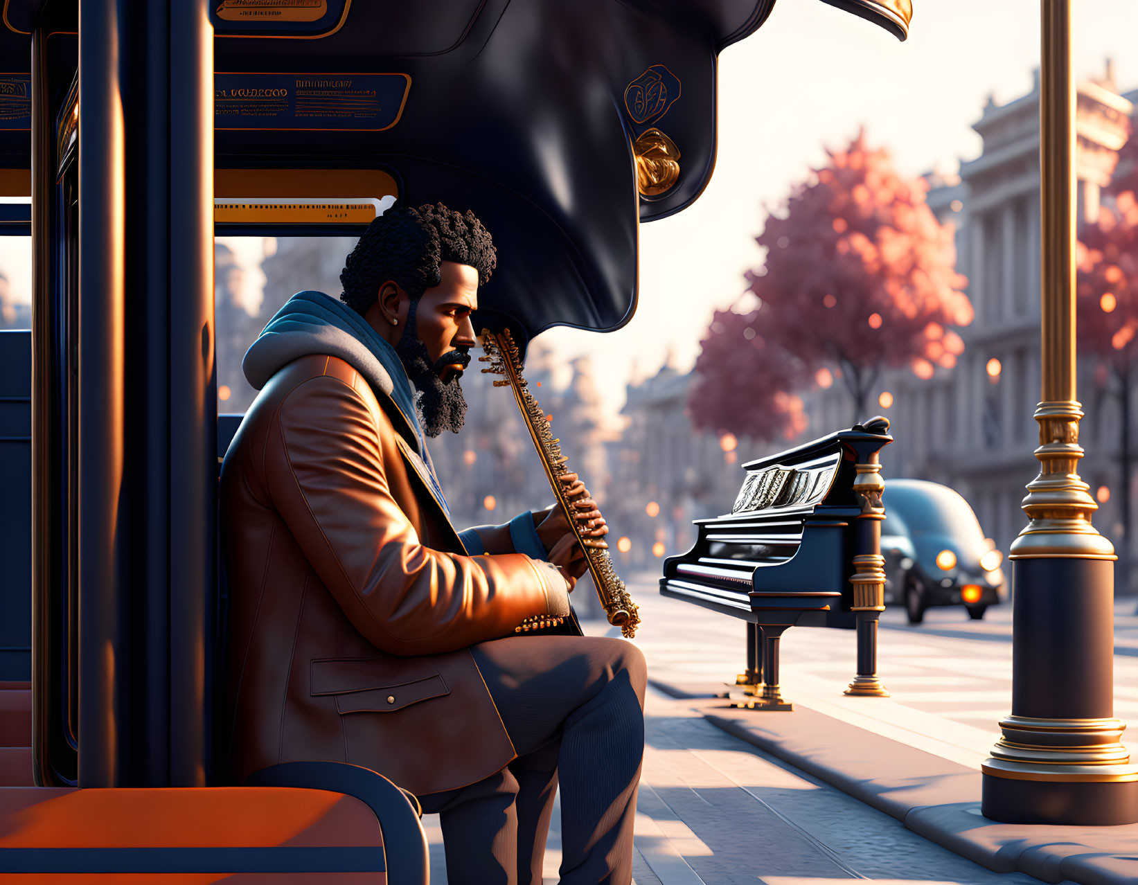 3D-rendered image of man playing saxophone at bus stop with piano and autumn cityscape.