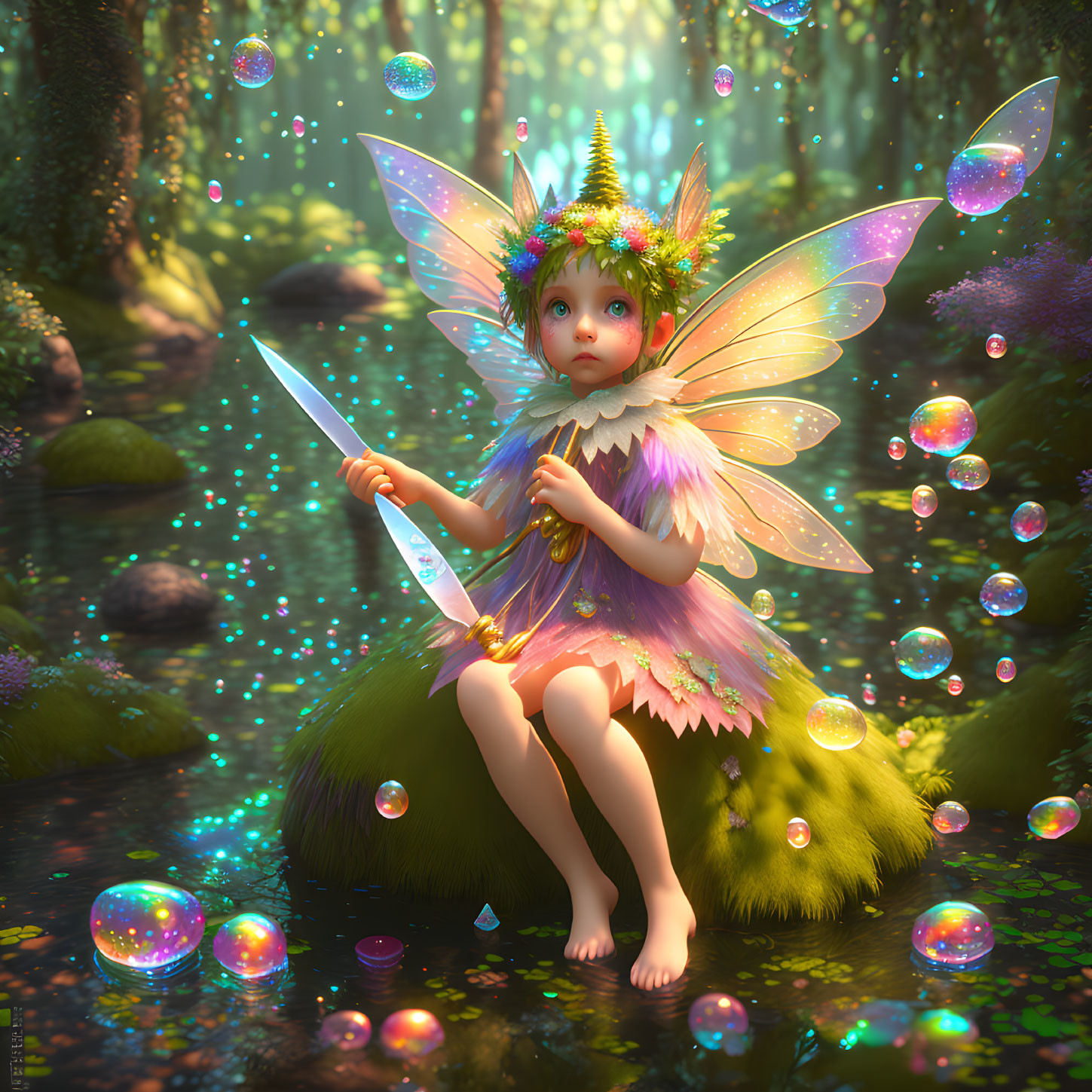 Illustration of fairy child with iridescent wings in enchanted forest