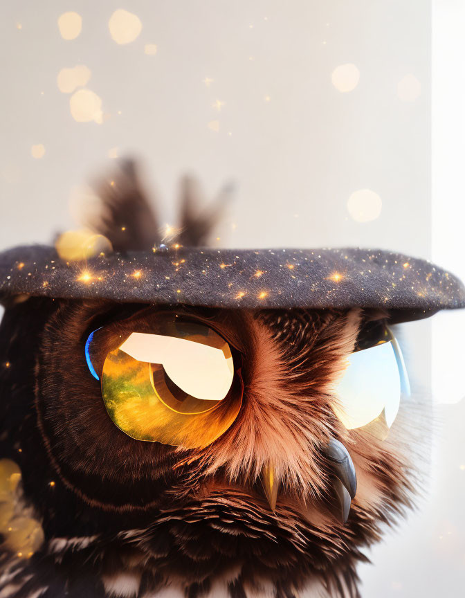 Golden-eyed owl in galaxy beret amid soft bokeh lights