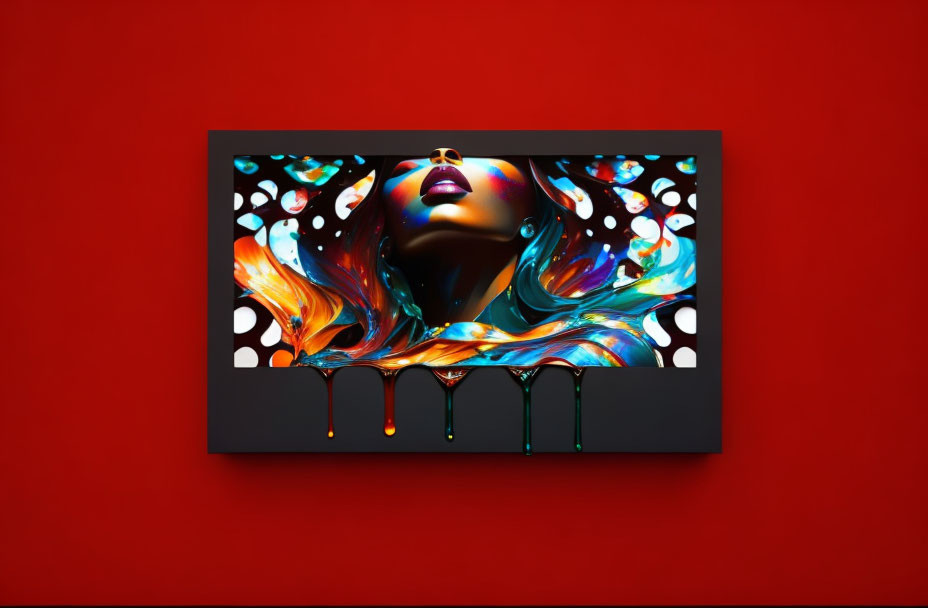 Abstract artwork: Woman's face merging into liquid forms with vibrant colors on red background