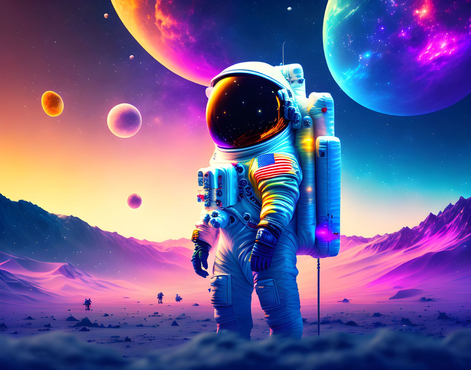 Colorful astronaut on alien planet with moons and stars in neon landscape