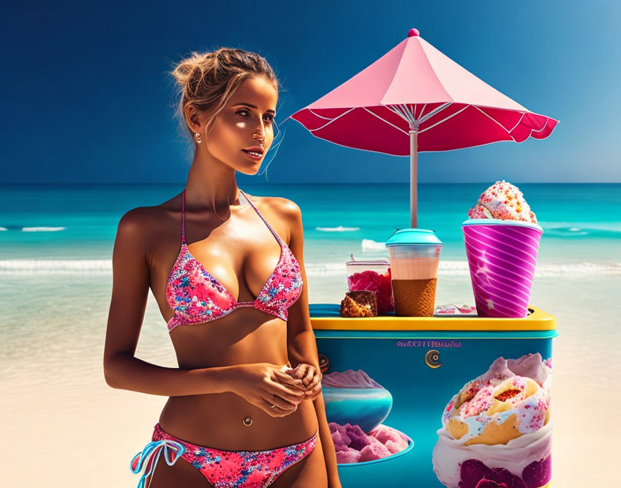 Woman in floral bikini with beach trolley, umbrella, ice cream, and drink on vibrant beach.