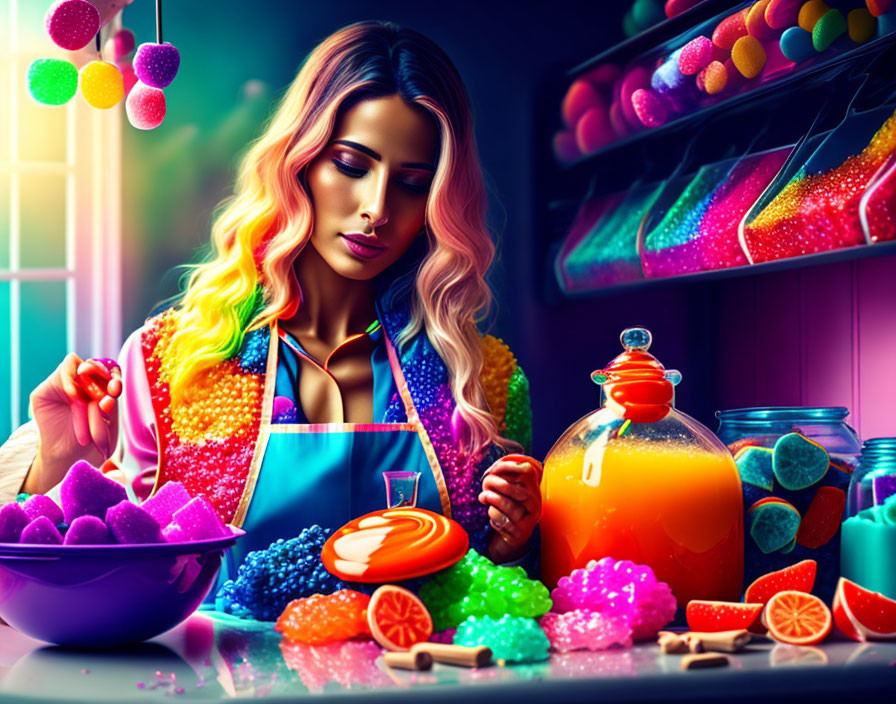 Woman surrounded by colorful candies in contemplative pose