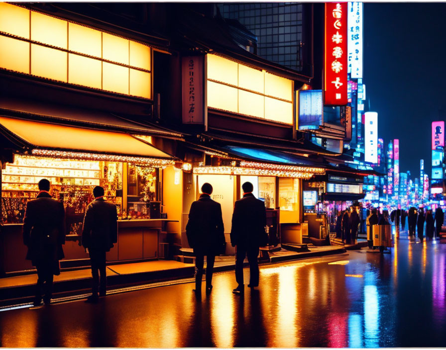 Vibrant cityscape with neon signs, traditional buildings, and pedestrians at night