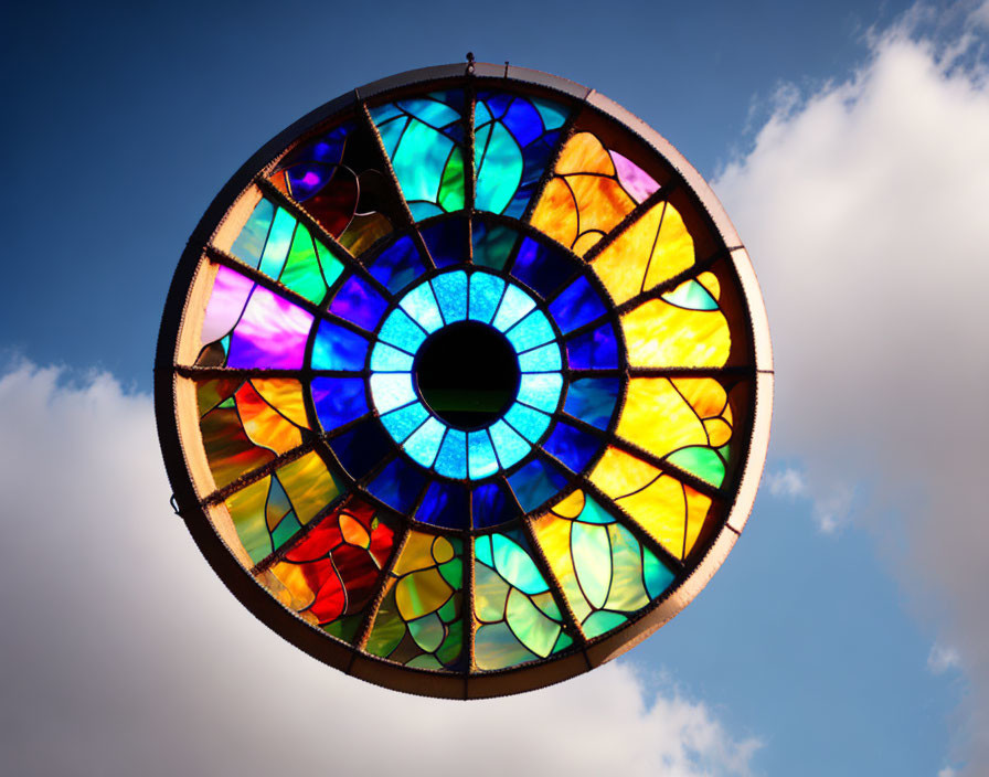 Colorful circular stained glass window against blue sky with clouds.