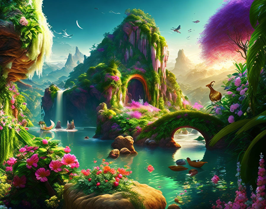 Fantasy landscape with waterfall, greenery, flowers, stone bridge, and birds