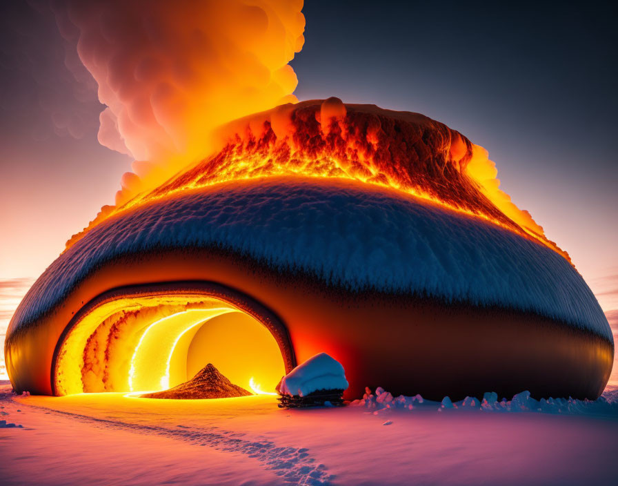 Intense volcanic eruption at dusk with lava flow and steam against snowy backdrop