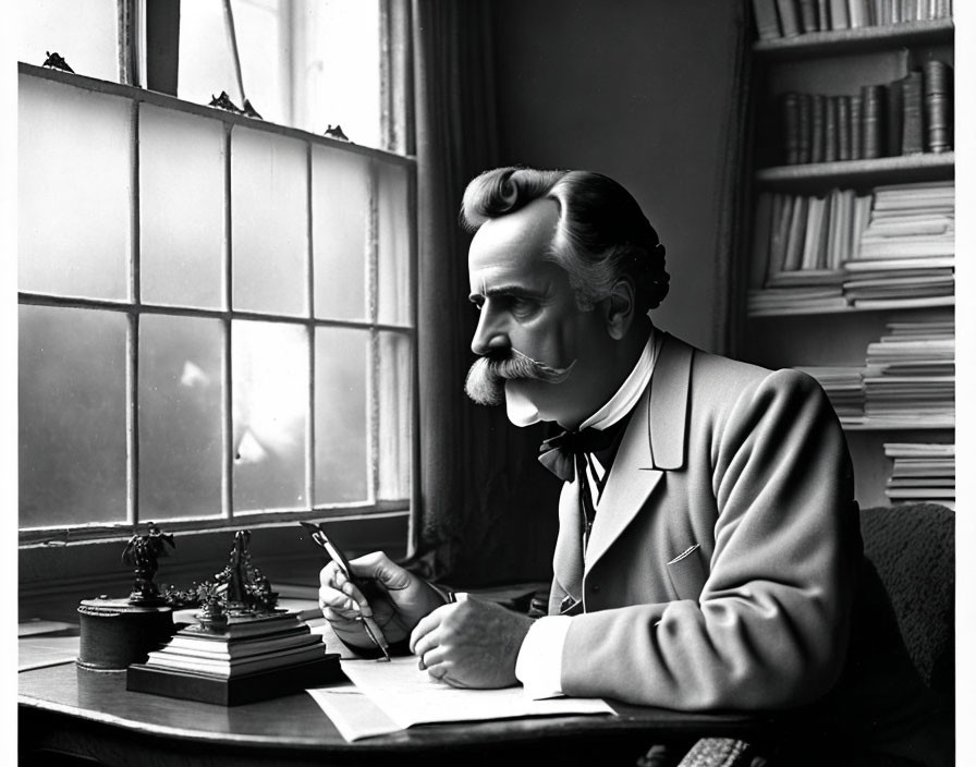 Man with distinct mustache writing at desk by window