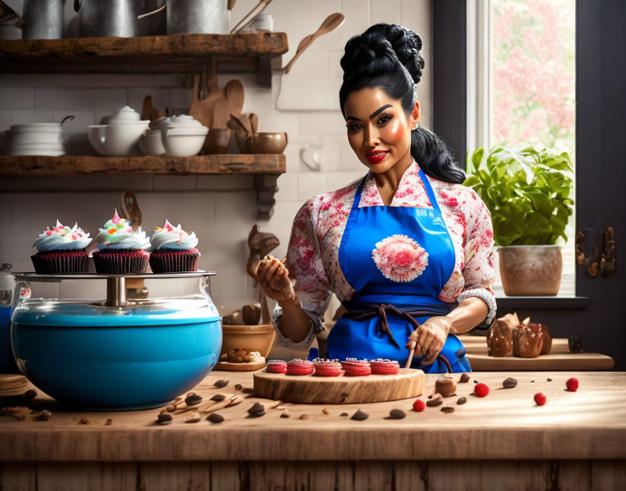 Woman decorating cupcakes in colorful apron with blue mixer in kitchen.