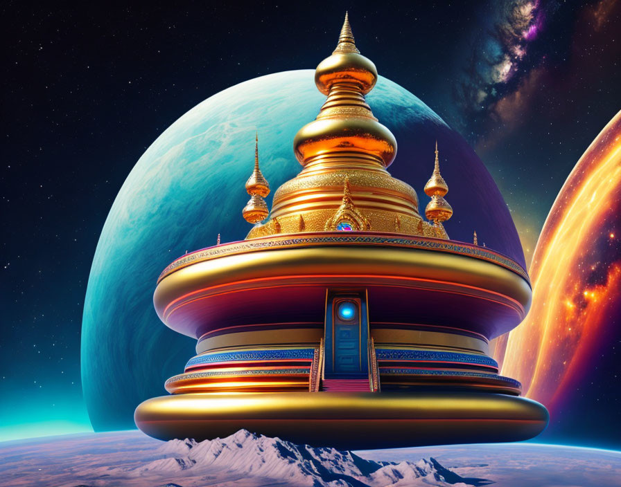 Digital art: Golden-domed structure on snowy mountain with colorful planets and stars.