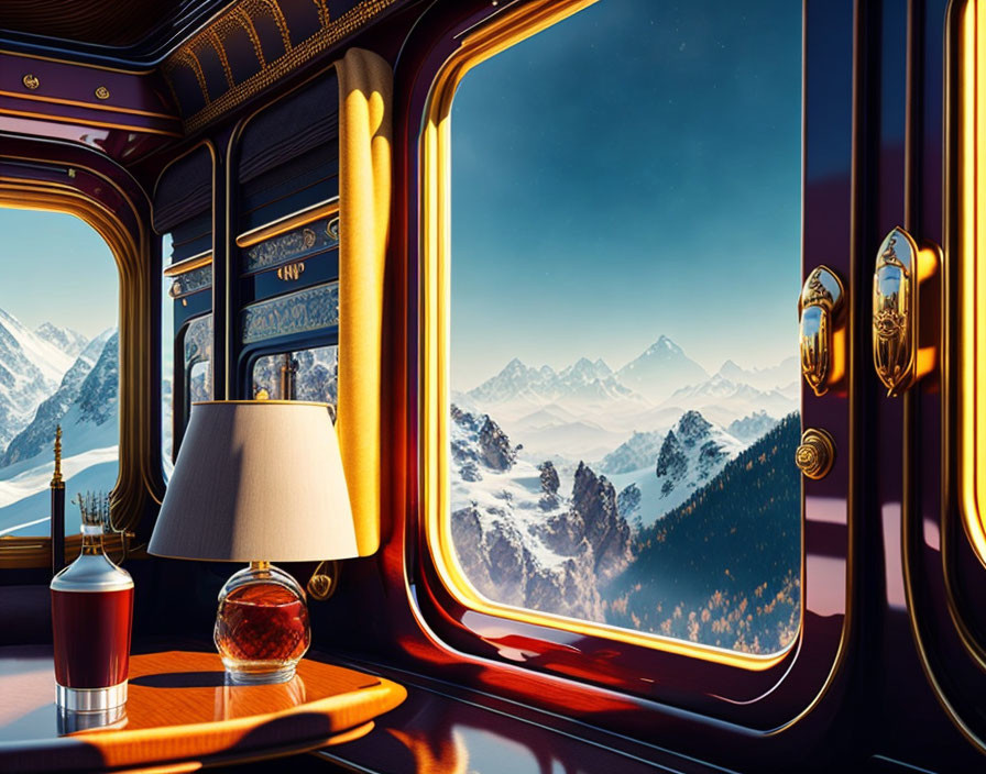 Elegant train cabin with mountain view, wood paneling, lamps & whiskey