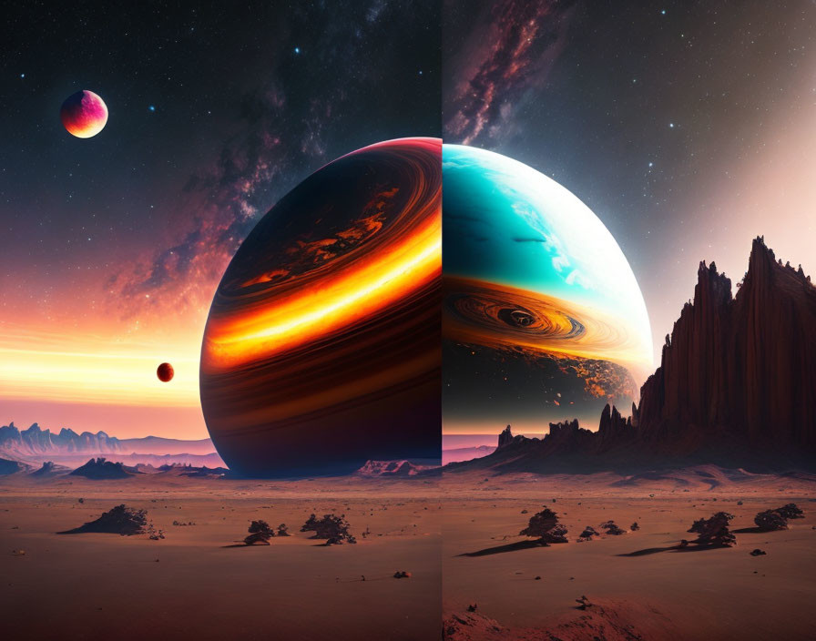 Split-image of alien landscapes with massive planets and starry sky.