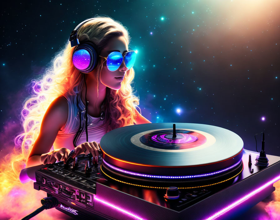 Colorful Woman DJ Mixing Tracks with Glowing Headphones