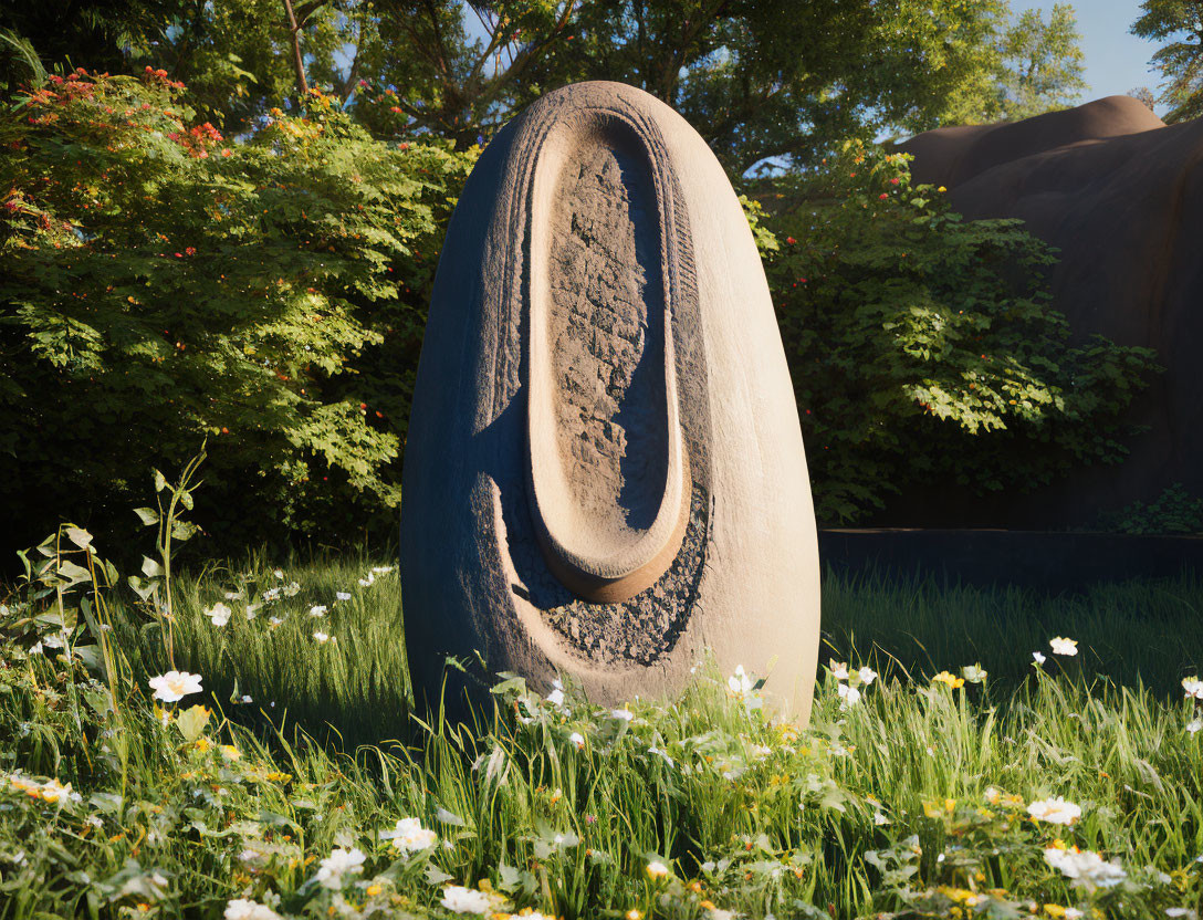 Stone sculpture resembling zero in vibrant garden with flowers and sunlight