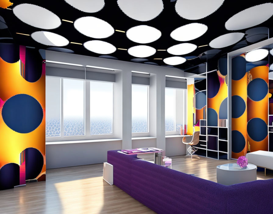 Vibrant colored modern room with purple sofa and unique ceiling design