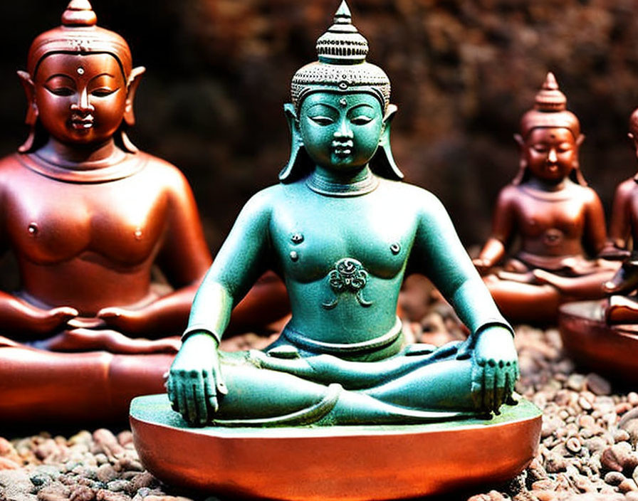 Teal Buddha statue meditating with smaller brown statues on rocky backdrop