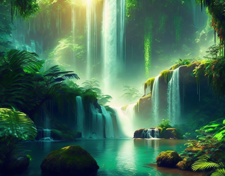 Verdant jungle with cascading waterfalls and sunlight rays.