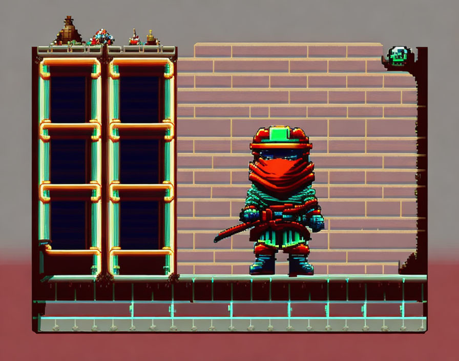 Armor-clad character with sword by ladder on brick wall with platform and plants.