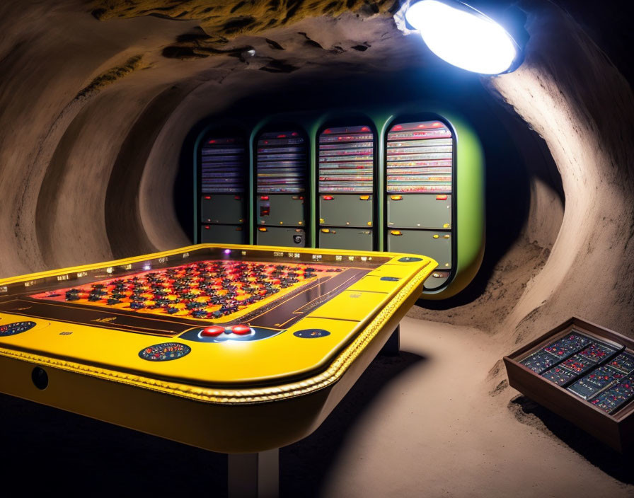 Retro-futuristic arcade room with illuminated machines