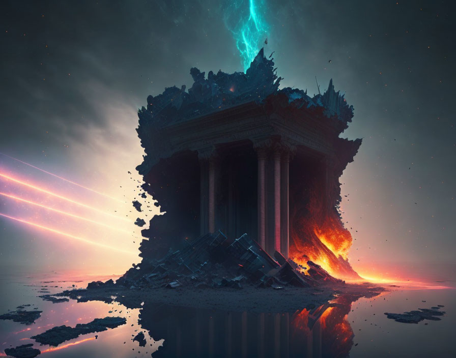 Surreal floating ancient ruin with glowing blue core in starry sky