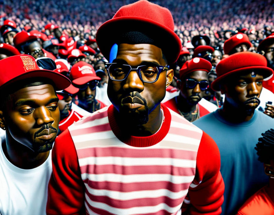 Surreal artwork: Multiple men with red caps, central figure in striped shirt and glasses