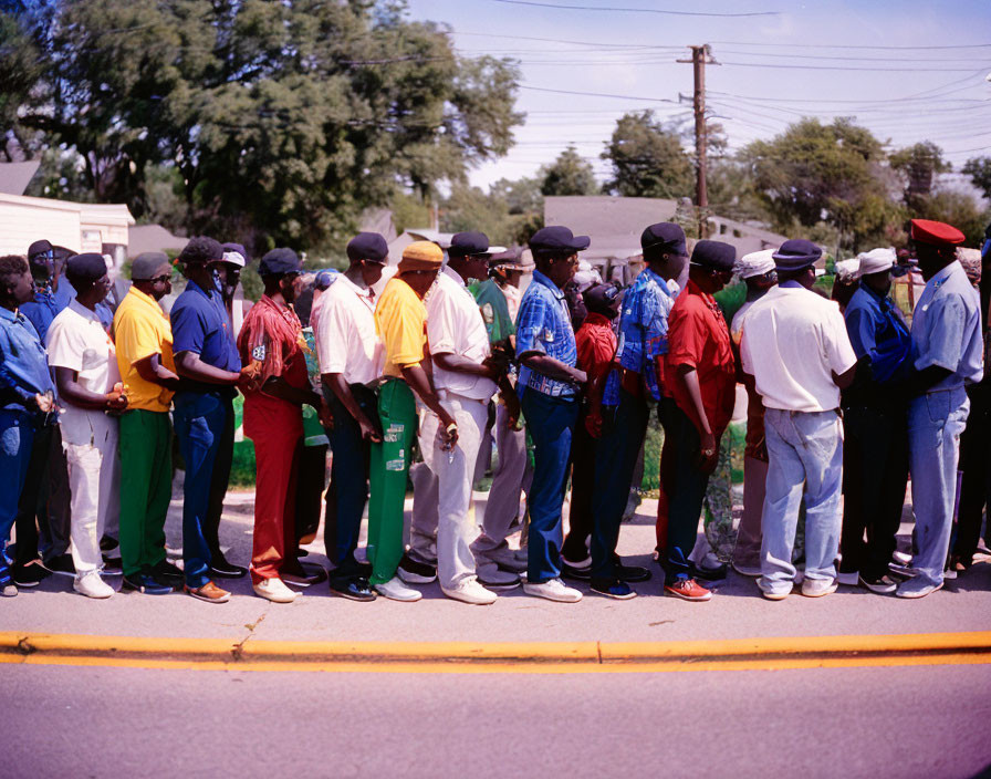 Men in Colorful Clothing and Hats Standing in Line on Sunny Street