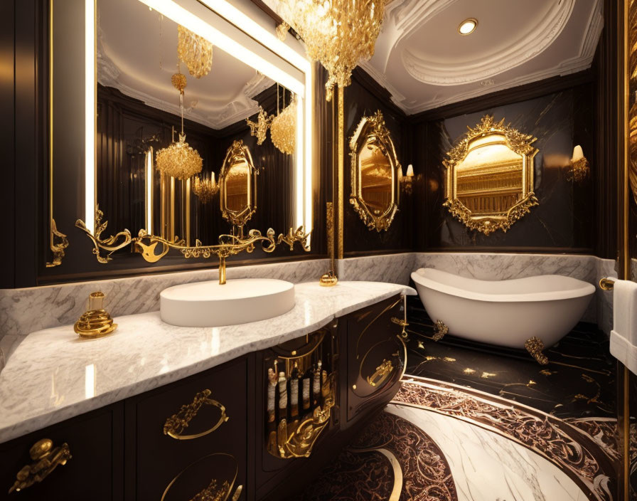 Opulent Bathroom with Marble Countertops & Gold Fixtures