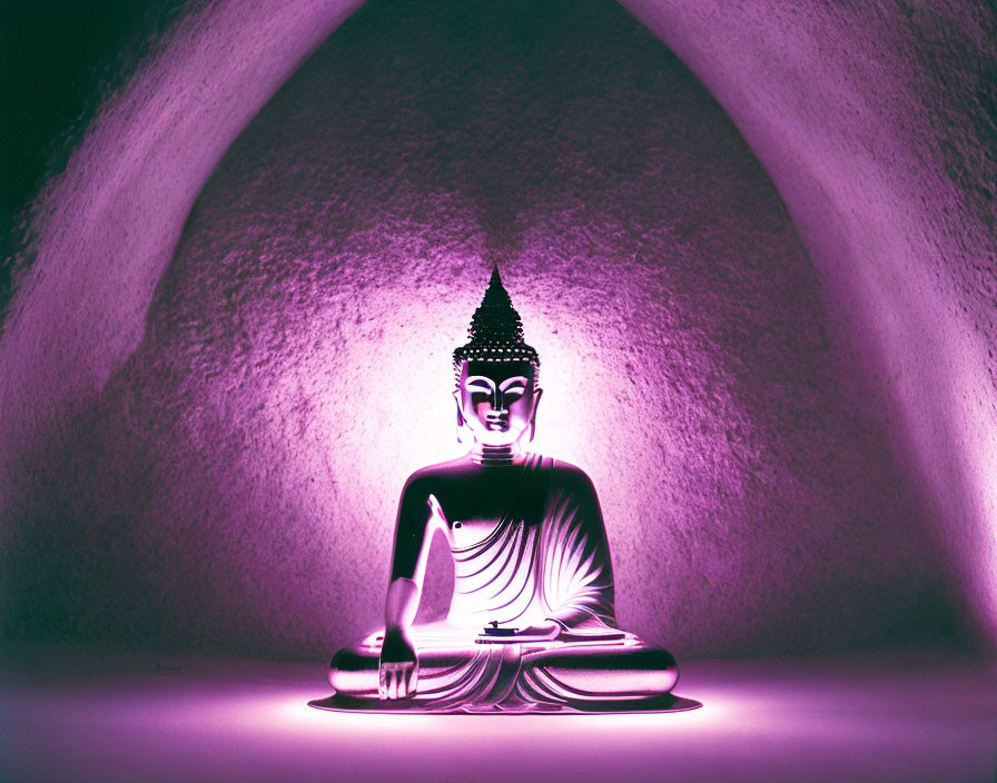 Meditating Buddha statue in purple neon-lit cave ambiance