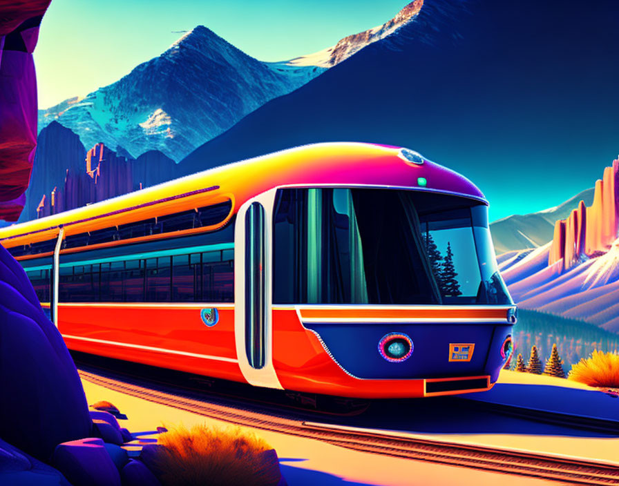 Modern orange train in futuristic design travels through mountain landscape