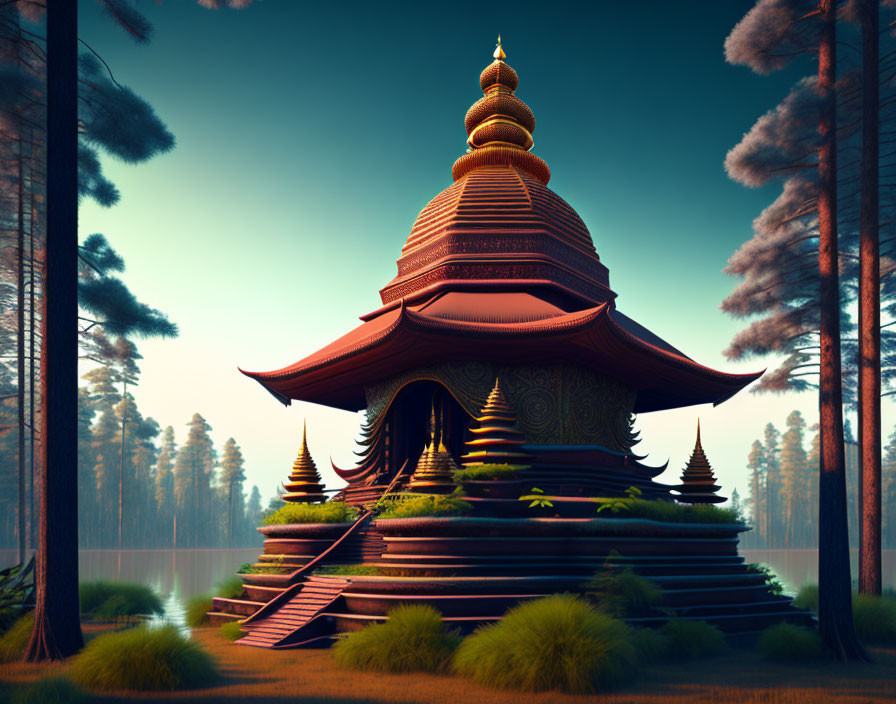 Red Pagoda Surrounded by Forest, Lake, and Hazy Sky