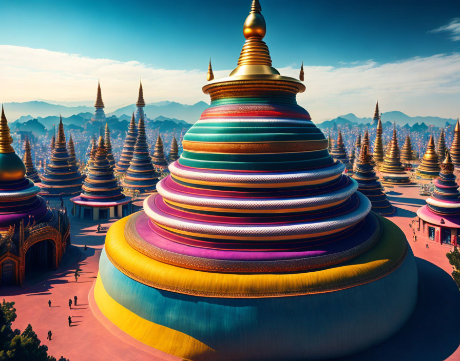 Colorful Pagoda-Style Structures in Fantasy Landscape