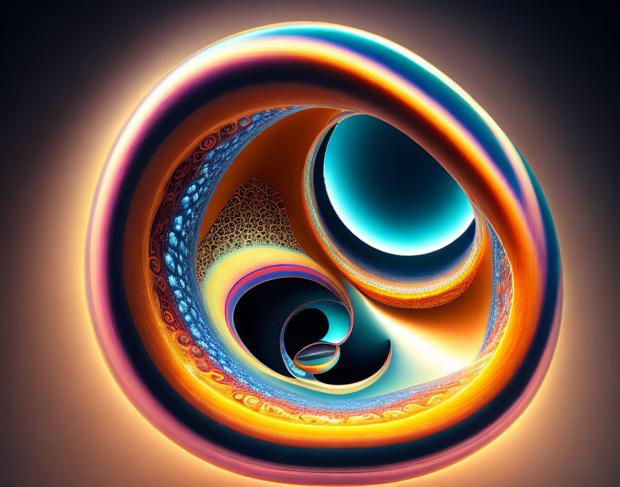 Vibrant digital art: Luminous swirling bands in blue, orange, and yellow.