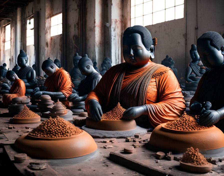 Buddha statues at different stages of completion in workshop with natural light highlighting orange robes.