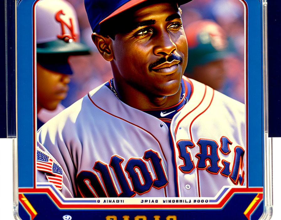 Male baseball player portrait in blue and red uniform and cap.