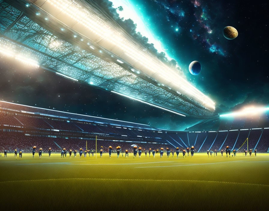 Futuristic soccer stadium with players under a starry sky