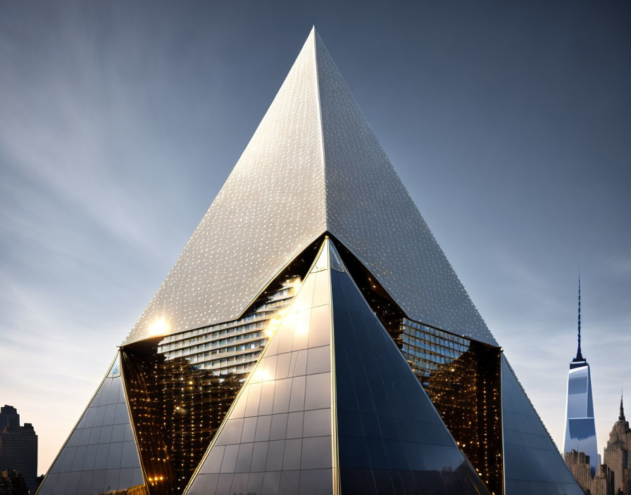 Glass pyramid structure illuminated at dusk with city skyscrapers