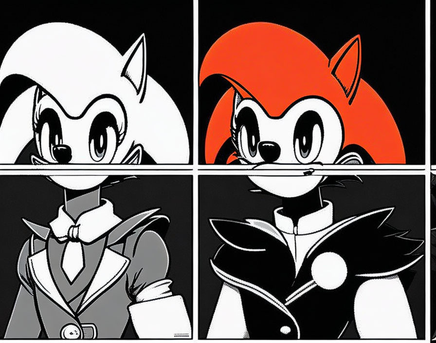 Four-panel black and white and red and black hedgehog character illustrations.