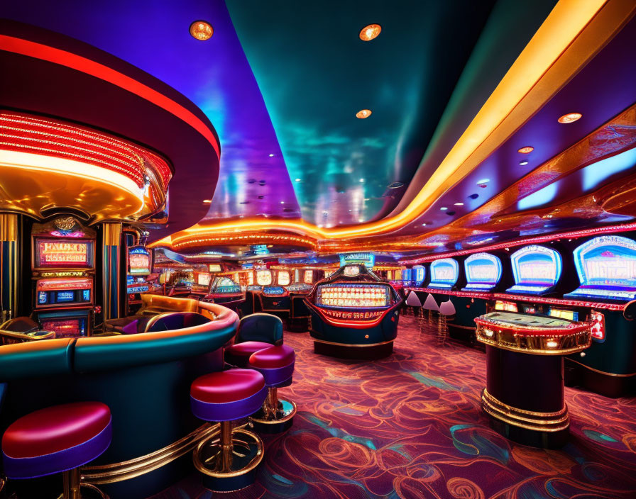 Colorful Casino Interior with Slot Machines and Dynamic Lighting