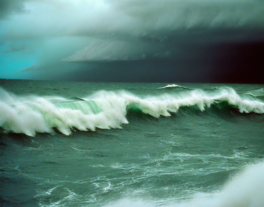 Stormy Ocean Scene with Rolling Waves and Dark Sky