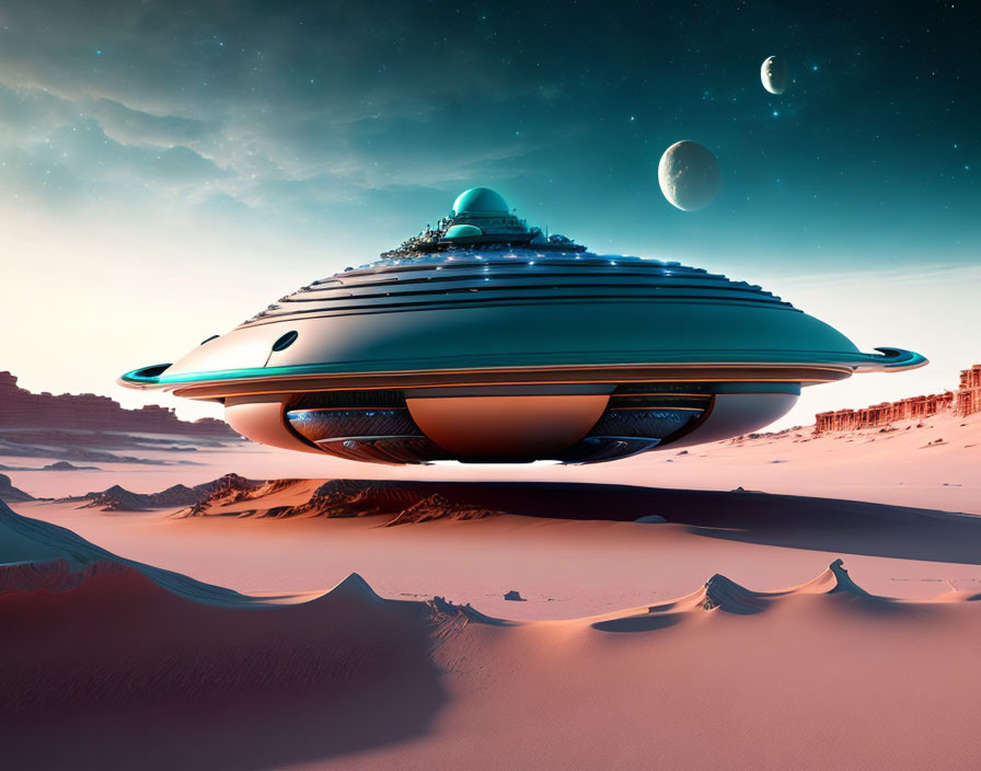 Futuristic UFO-like spaceship on red desert planet with distant planets and moons