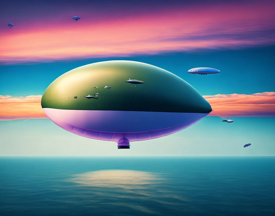 Futuristic airship over ocean at sunset with aircraft and hot air balloons