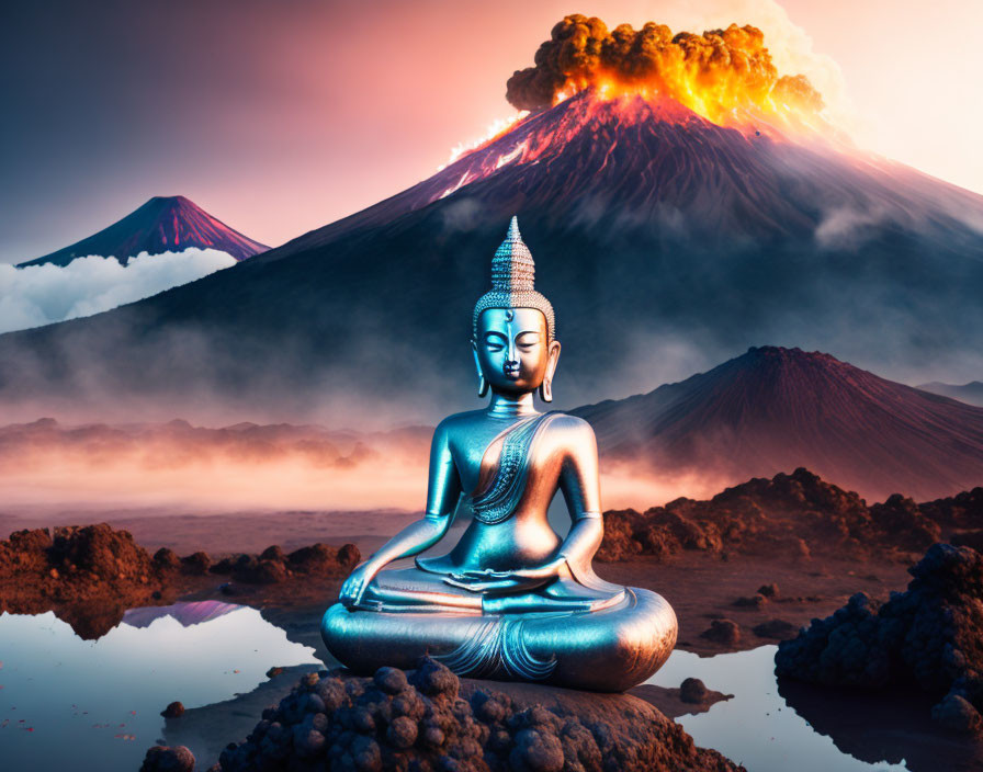 Buddha statue meditating with volcanic eruption backdrop