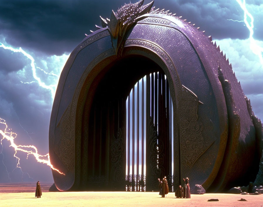 Massive beast-shaped gate on stormy beach with figures and lightning.