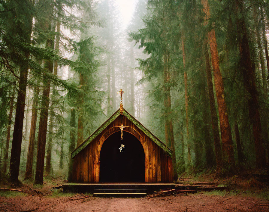 Wooden chapel with cross in misty evergreen forest